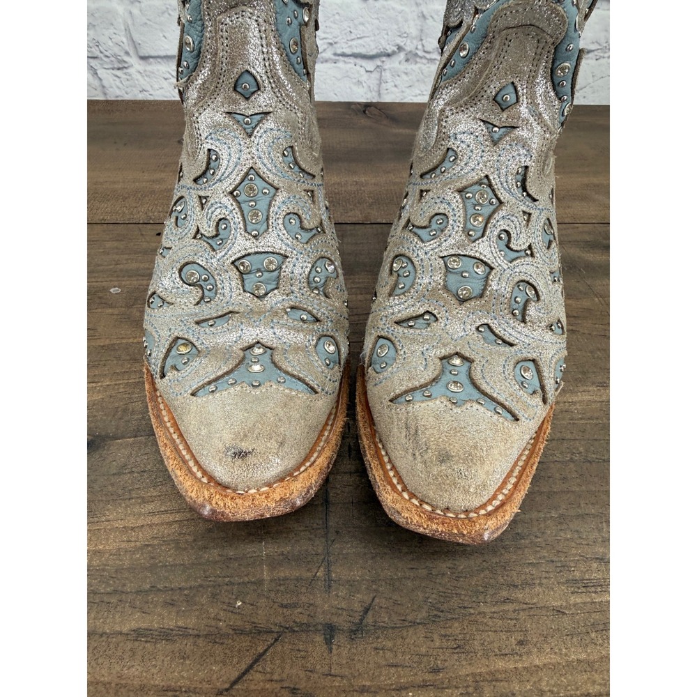 J.B. Dillon Bellflower Women's 8B Silver Leather Western Boots Blue Rhinestone - Picture 4 of 15